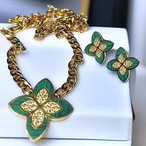 Luxury Clover Gold Plated Malachite Zircon Crystal Necklace & Earrings